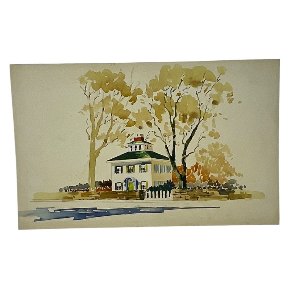 Vintage Watercolor House Painting Autumn Trees on Crescent Illustration‎ Board